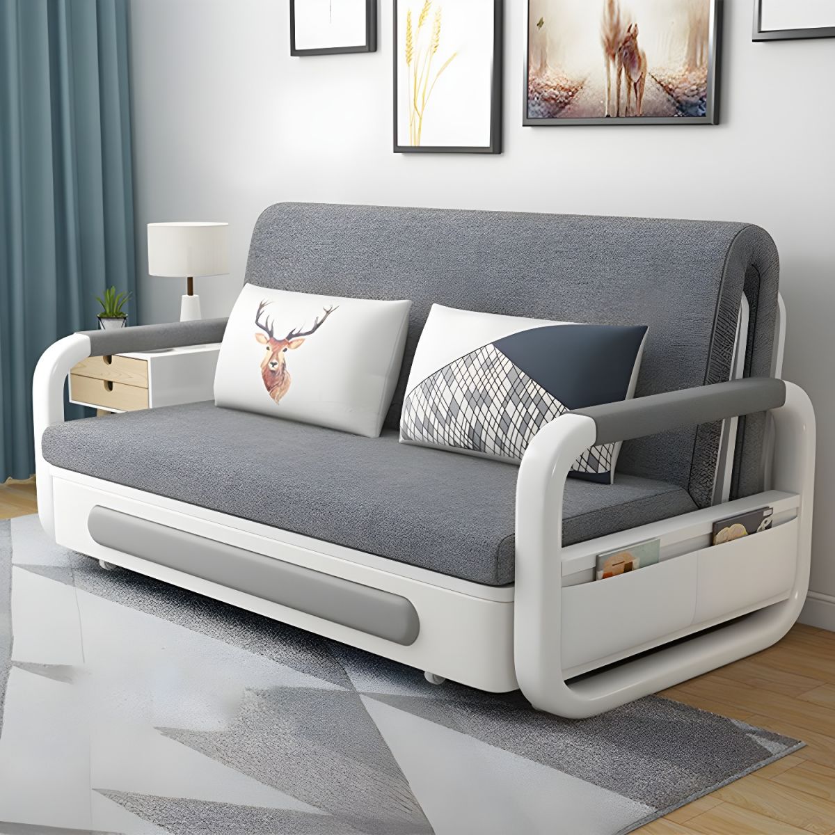 Washable Linen Square Arm Sofa Bed Standard Foldable Sofa for Living Room