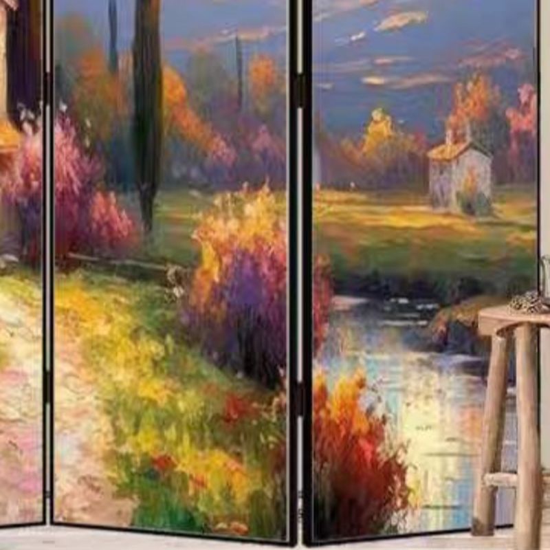 Indoor Opaque Collapsible Natural Wood Room Screen with 3 Panels, Double Sided Print, and Freestanding Design