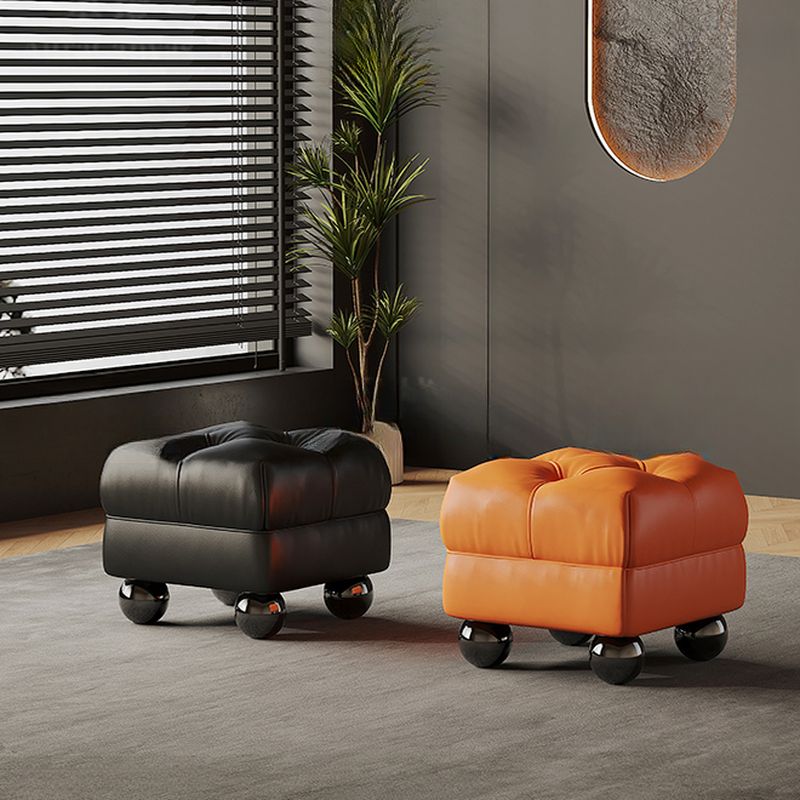 Modish Square Solid Color Standard Ottoman in Genuine Leather with Grey/Green/Citrus Color and Button-tufted Design