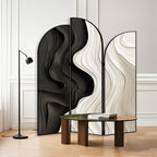 Art Deco Opaque Compact Room Divider with Lumber Frame, 3 Panels, Double Sided Print, Freestanding