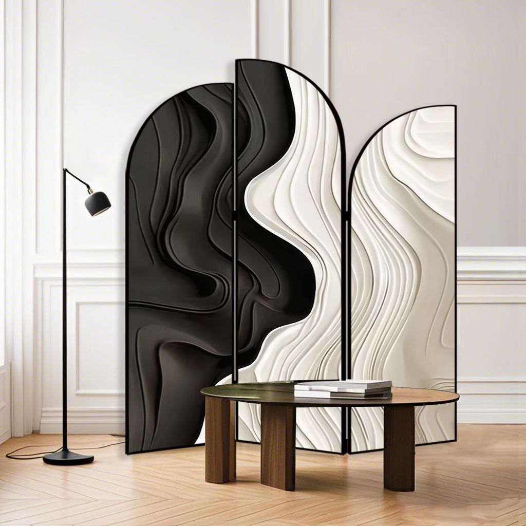 Art Deco Opaque Compact Room Divider with Lumber Frame, 3 Panels, Double Sided Print, Freestanding