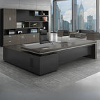 Watertight Office Desk with 2 Drawers, Stump Base, Exterior Shelf, Cable Management, Dark Gray Top, Front Splash, and Cooling Hole