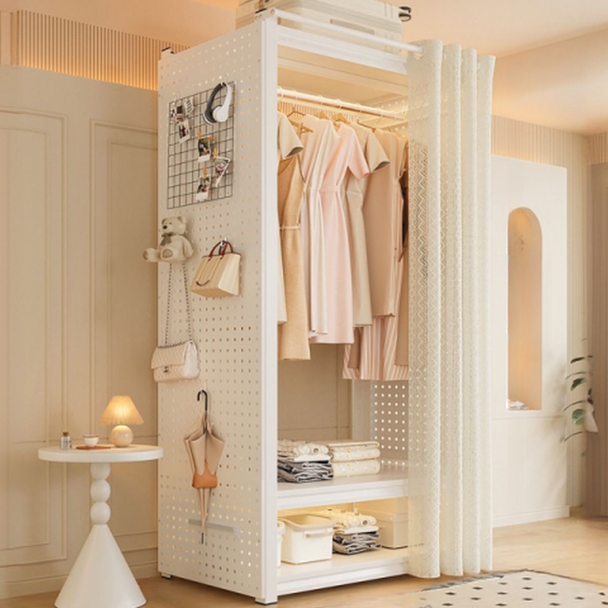 Chalk Modern Simple Style Hall Rack with Receptacle Storage, 2 Shelves, and Steel Frame