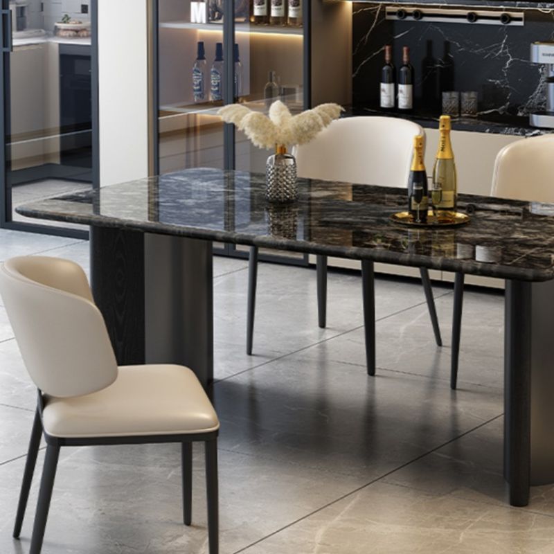 Trendy Marble Top Dining Table with Steel Double Pedestal Base, Fixed Table in Glossy Black, Scratch-immune, Seating for 6/4-person