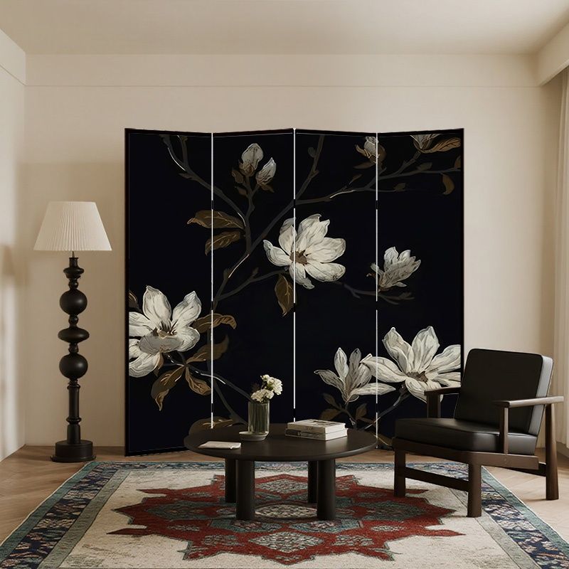 Screen Divider Minimalist Opaque Fold-up with Natural Wood Frame, 4 Panels, Double Sided Print, and Independent Design