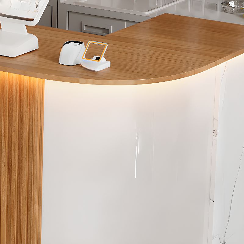 Reception Desk L-Shape with Cupboard and Filing Cabinet, Manufactured Wood Top in Sepia/Apricot Color/Carmine