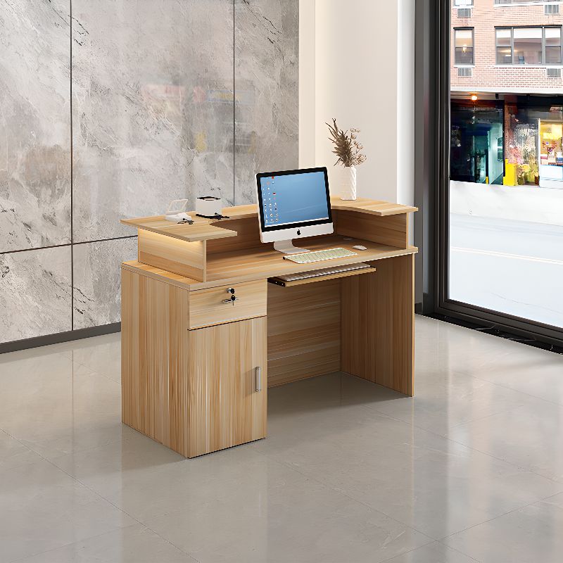 Reception Desk Rectangular with Cabinet Hutch Keyboard Tray Cable Management and Filing Cabinet, Manufactured Wood Top