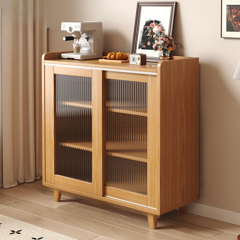 Art Deco Sideboard with 3 Drawers, Narrow Design, 1 Shelf/2 Shelves Larder Storage, Lumber Countertop, and Sliding Doors