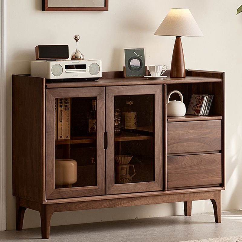 Minimalist Narrow Sideboard with 2 Drawers, 1 Shelf, Kitchen Cupboards, Walnut Wood Countertop, and Glass Doors