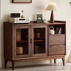 Minimalist Narrow Sideboard with 2 Drawers, 1 Shelf, Kitchen Cupboards, Walnut Wood Countertop, and Glass Doors