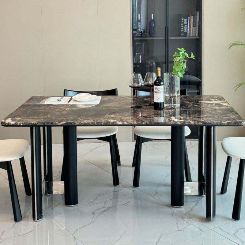 Casual Marble Dining Table with Fixed Table Mechanism in Glossy Black, Scratch-shielded for 6-person Seat/4 People, Featuring Marble Top and Material Combination