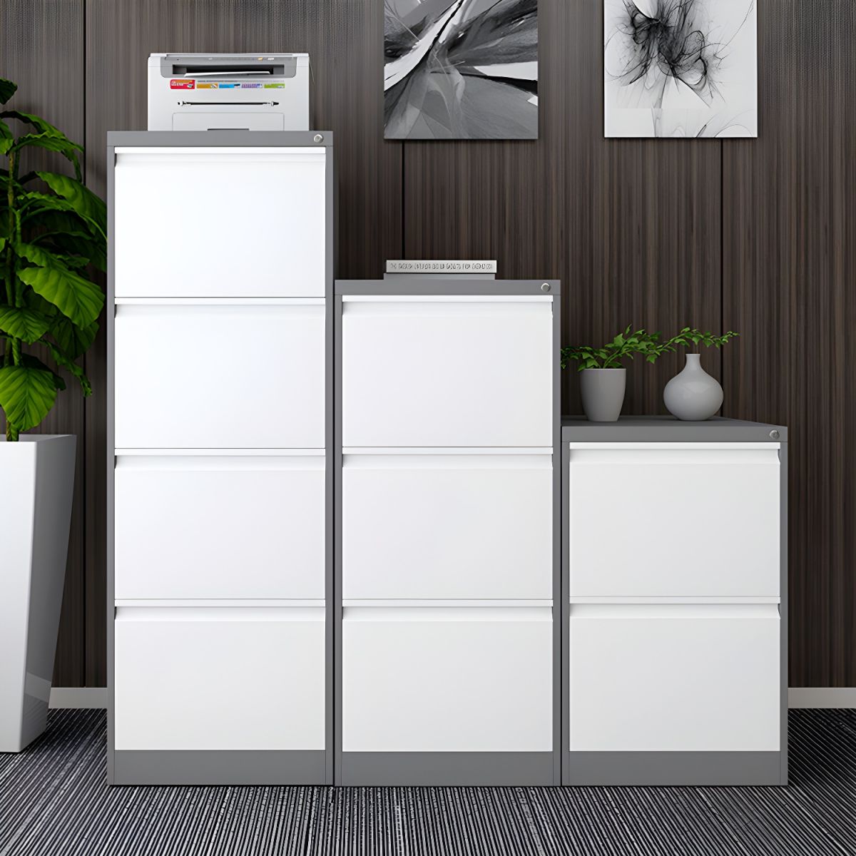 Modern Steel Vertical Filing Cabinet with Lock, Drawers & Self-Close Glides