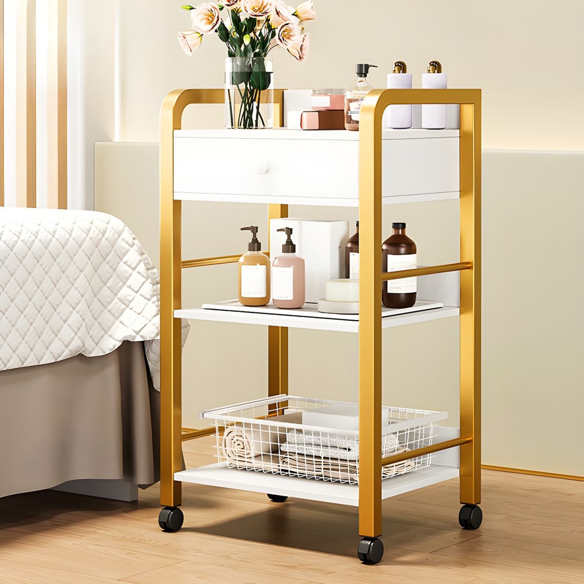 Side Protection Metal Bracket Utility Carts with Storage Space and Casters