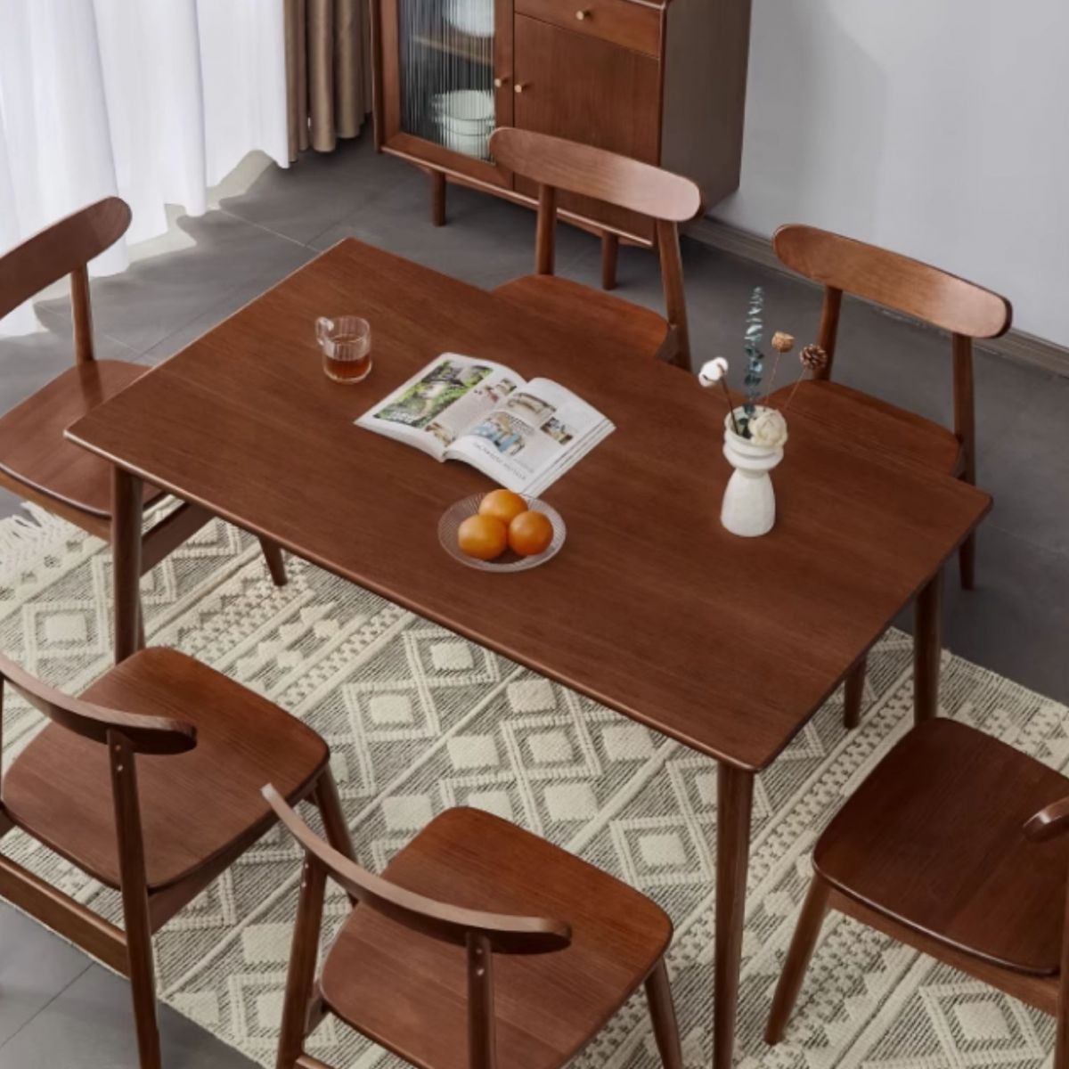 Modish Solid Wood Dining Table in Sepia/Wood Grain with Fixed Legs, Scratch-proofed for Seats 4/Seating for 6