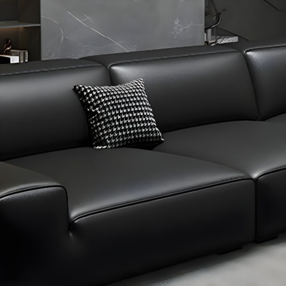 Extra Long Black Leather Sofa with Stain Resistant Feature and Two Pillows