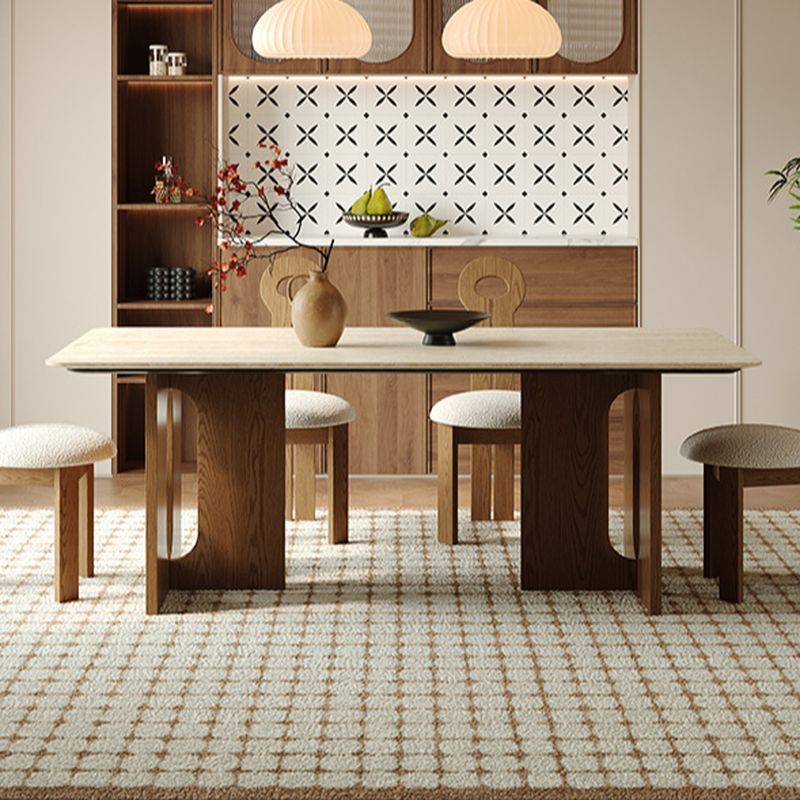Anti-Fouling Stone Dining Table with Wood Auburn Double Pedestal Base and a Fixed Sintered Stone Top for 4 People/Seating for 8/6 People