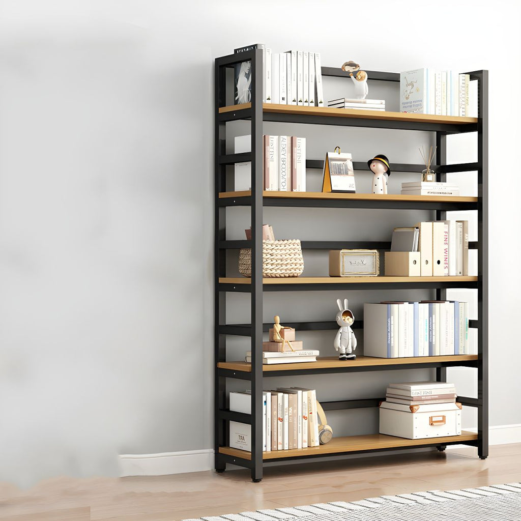 Modern Metal Display Stand with Wooden Shelves and Open Storage