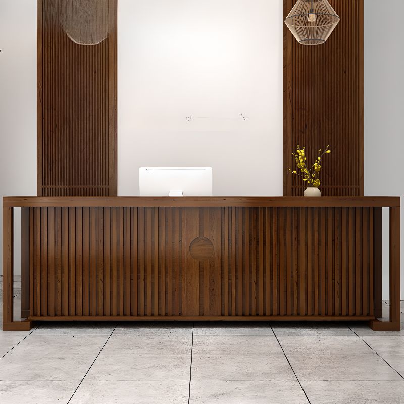 Rectangle Solid Wood Top Tan/Unfinished Color/Brown Reception Desk with Cupboard, Keyboard Tray & Filing Cabinet