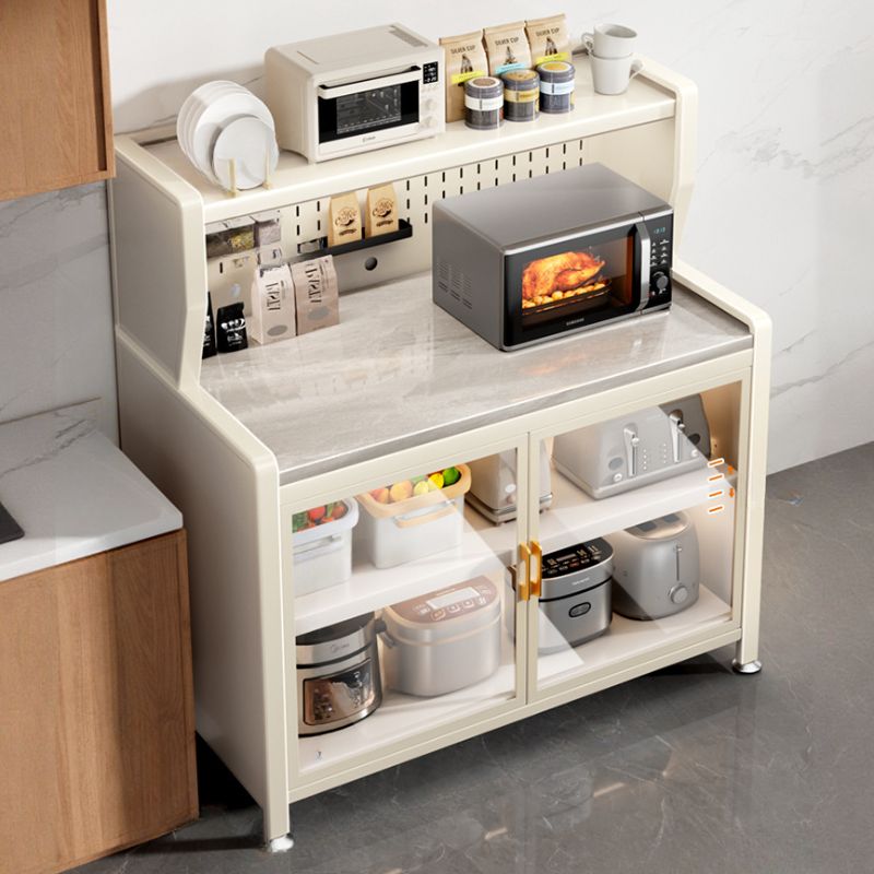 Minimalist Narrow Sideboard with Kitchen Cupboards, Sintered Stone Countertop, Glass Doors, and Adjustable Shelving