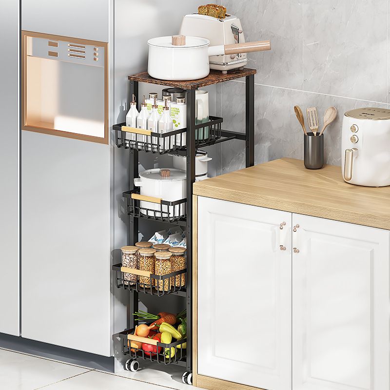 Portable Center with Wheels, Exterior Shelving, Manufactured Wood Countertop, Open Storage, Basket, and Brown Top