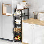 Portable Center with Wheels, Exterior Shelving, Manufactured Wood Countertop, Open Storage, Basket, and Brown Top