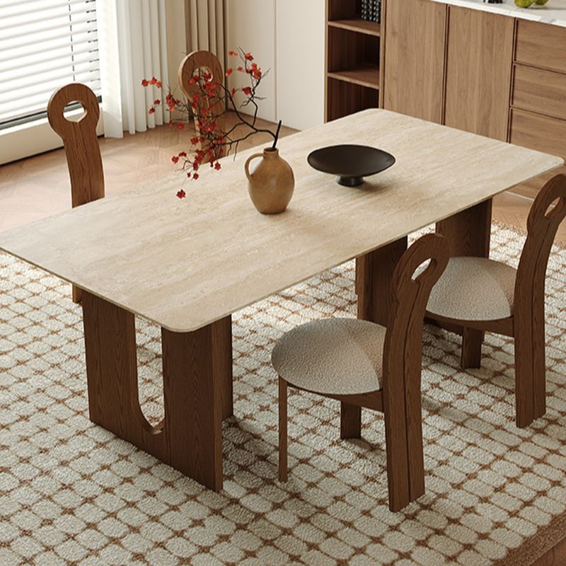 Anti-Fouling Stone Dining Table with Wood Auburn Double Pedestal Base and a Fixed Sintered Stone Top for 4 People/Seating for 8/6 People