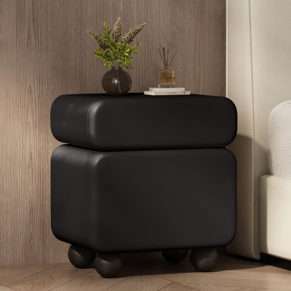 Modish Nightstand With Drawer Organization Featuring 1 Drawer, 1 Cabinet, Right Orientation, and Lumber Countertop