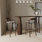 Coffee Wood/Natural Asymmetrical High Top Table in Natural Pine Wood with Three Legs and Upholstered Chair