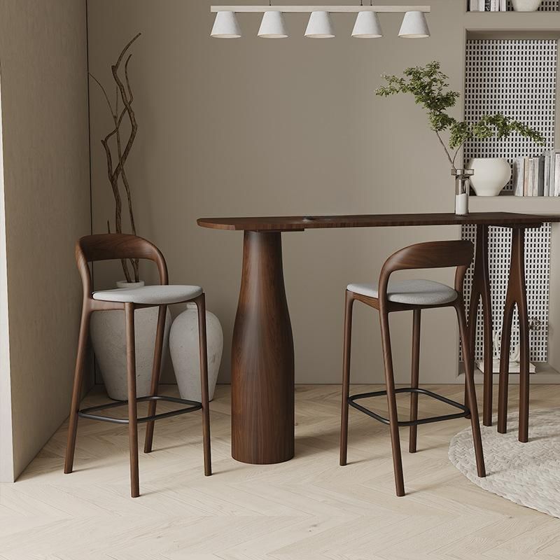 Coffee Wood/Natural Asymmetrical High Top Table in Natural Pine Wood with Three Legs and Upholstered Chair