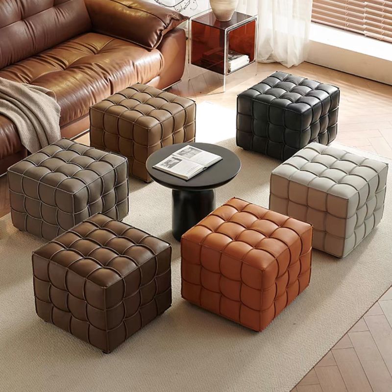 Modish Square Solid Color Standard Ottoman in Genuine Leather with Scarlet/Caramel/Beige Button-tufted Upholstery