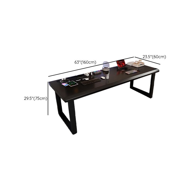 Casual Writing Desk with Built-in Outlets, Rust Resistant Sleigh Base, and Ink/Light Brown/Natural Pine Wood Top