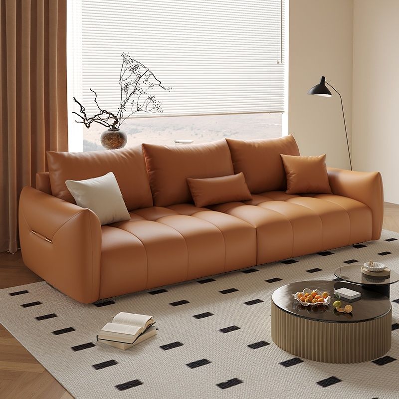 Modish Solid Color Scratch-durable Standard Sofa in Midnight Black/Mocha/Off-White, Seats 3 with 3 Pillows