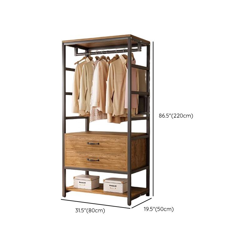 Midnight Black Simplistic Steel Hall Rack with Repository, 2 Drawers/3 Drawers, 4 Shelves/3 Shelves/7 Shelves, and Manufactured Wood Bench