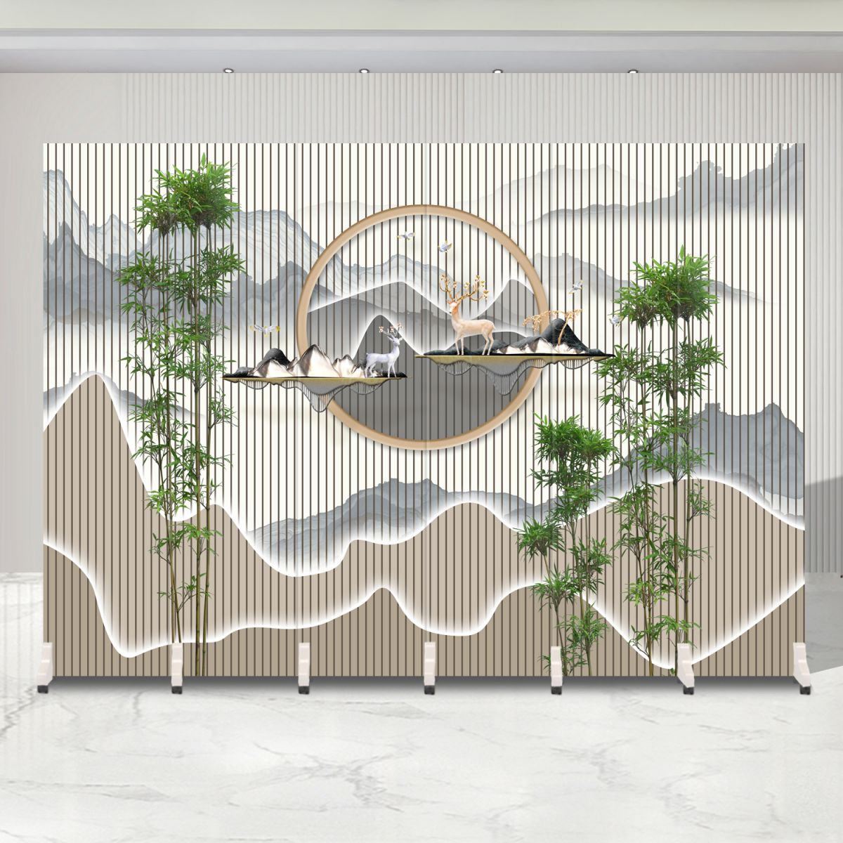 Indoor Opaque Folding Natural Wood Temporary Wall Panels with 6 Panels, Double Sided Print, and Self-supporting Design