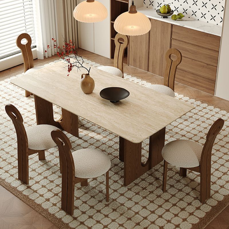 Anti-Fouling Stone Dining Table with Wood Auburn Double Pedestal Base and a Fixed Sintered Stone Top for 4 People/Seating for 8/6 People