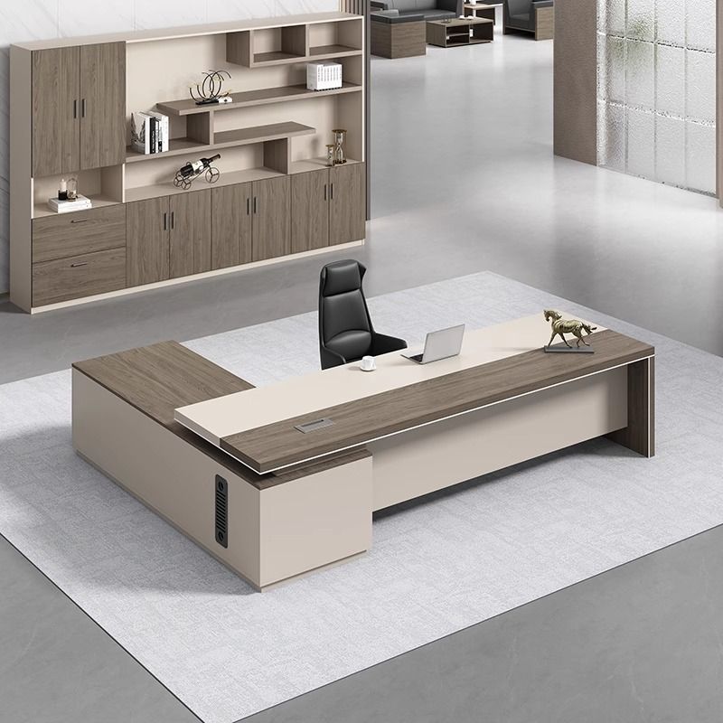 Scratch-proof Office Desk with 2 Drawers, Stump Base, Exterior Shelf, Cable Management, Front Splash, and Cooling Hole