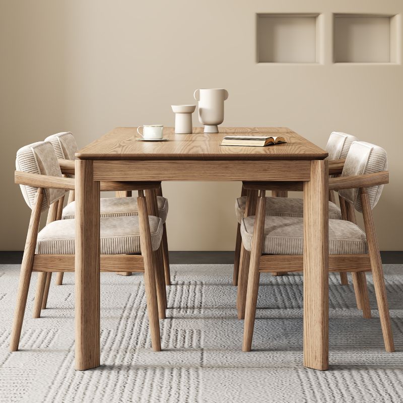 Modish Solid Wood Dining Table in Wood Color with Legs Base, Fixed Mechanism, Seats 6, and Solid Wood Tabletop