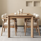 Modish Solid Wood Dining Table in Wood Color with Legs Base, Fixed Mechanism, Seats 6, and Solid Wood Tabletop
