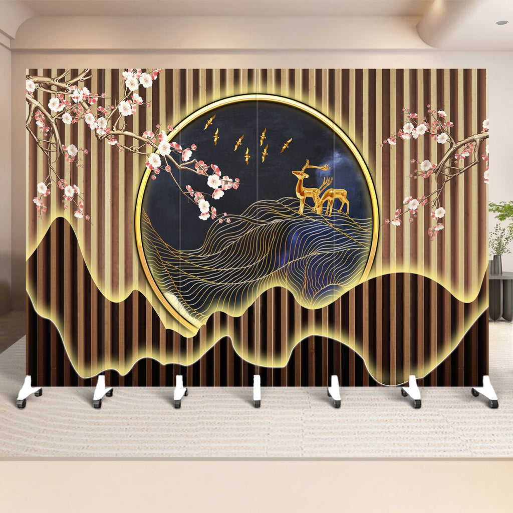 Indoor Opaque Collapsible Temporary Wall with Wheels, Natural Wood Frame, 6 Panels, and Double Sided Print