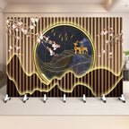 Indoor Opaque Collapsible Temporary Wall with Wheels, Natural Wood Frame, 6 Panels, and Double Sided Print