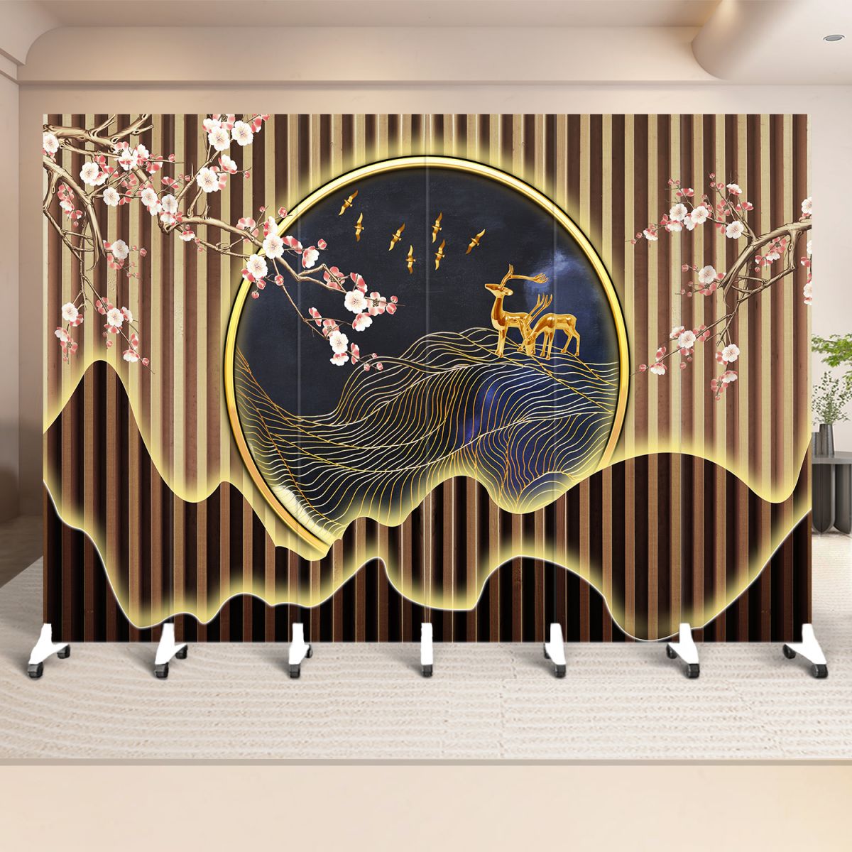 Indoor Opaque Collapsible Temporary Wall with Wheels, Natural Wood Frame, 6 Panels, and Double Sided Print