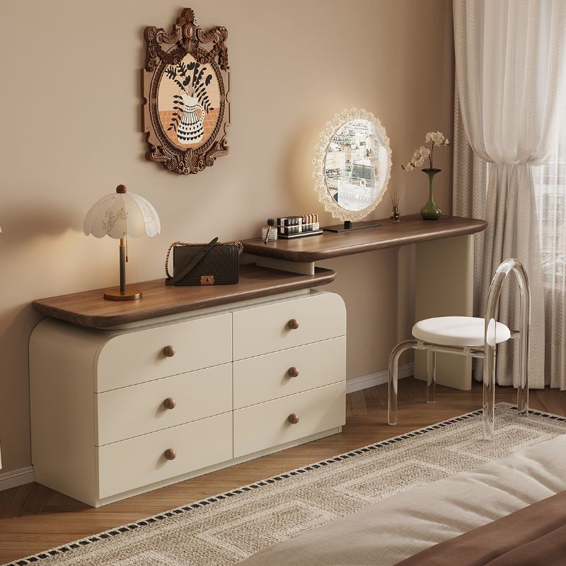 Large Vanity Set with Upholstered Chair in Chalk, 6 Drawers, Polymer Frame, LED Lighting, 2-in-1 Design