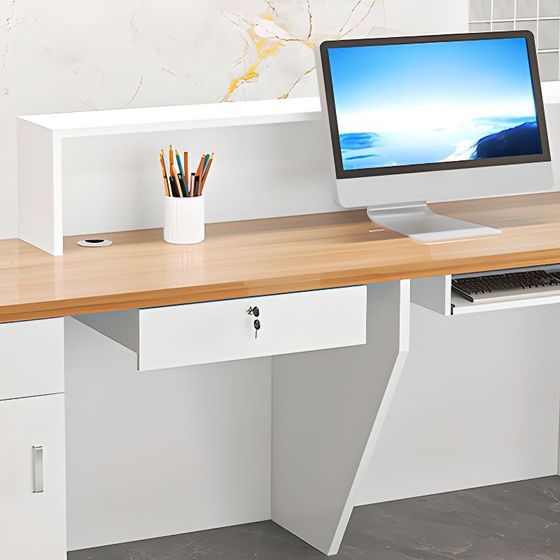Reception Desk with 1 Cabinet, Hutch, Keyboard Tray, Cable Management, Filing Cabinet, Manufactured Wood Top, and 1 Drawer Pedestal