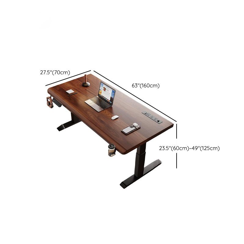 Brown Minimalist T-Shape Table with Built-in Outlets, Rust Resistant Natural Wood Top, Plug-In Feature