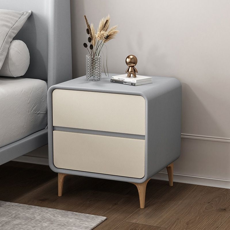 Modish Nightstand With Drawer Organization, 2 Drawers, Pleather Countertop, and Leg