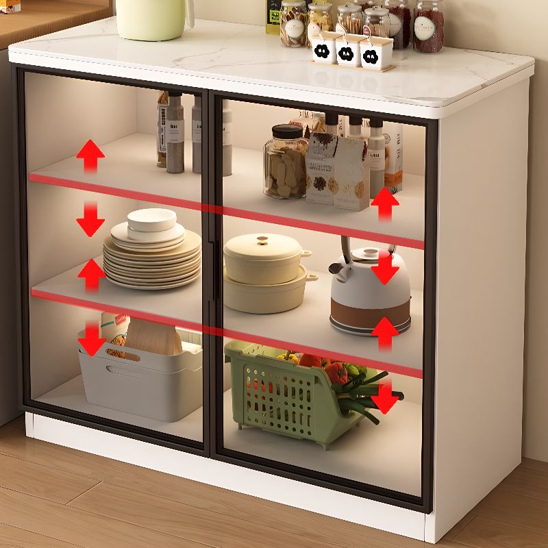 Modish Rectangle Kitchen Island with Stone Countertop, Adjustable Shelves, Double Sided Cabinet, and White Top