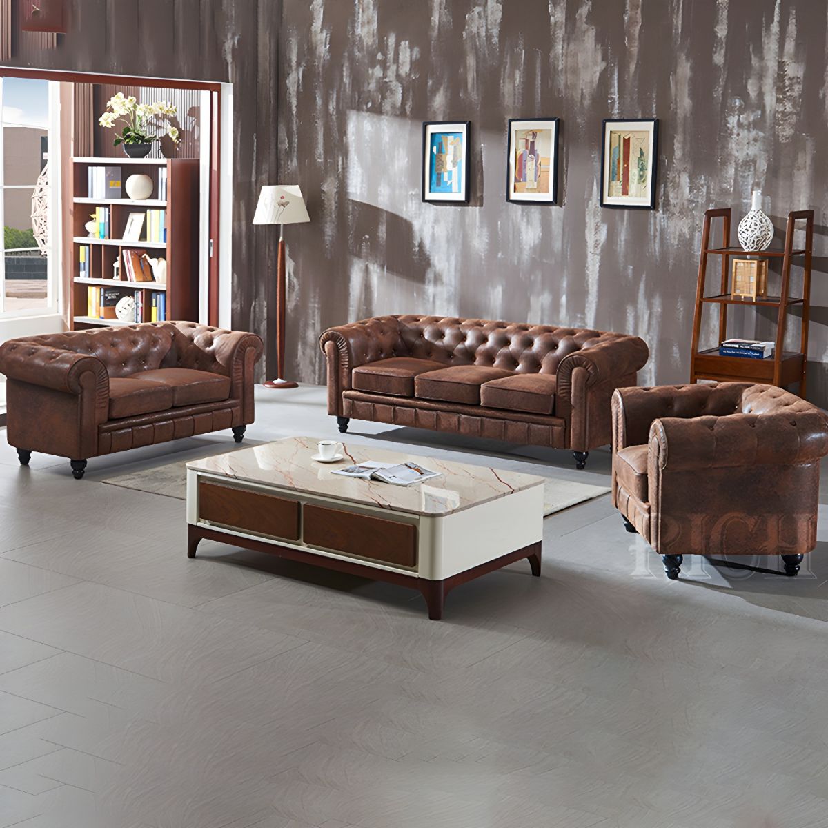 Chesterfield Dark Brown Sofa Apartment Tuxedo Arm Loveseat Genuine Leather Sofa