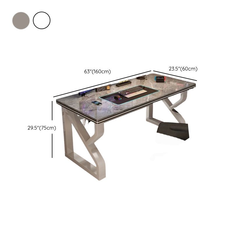 Grey/Chalk Minimalist Gaming Computer Desk with Rust Resistant Trestle Base, Exterior Shelf, Wire Management, and Stone Top
