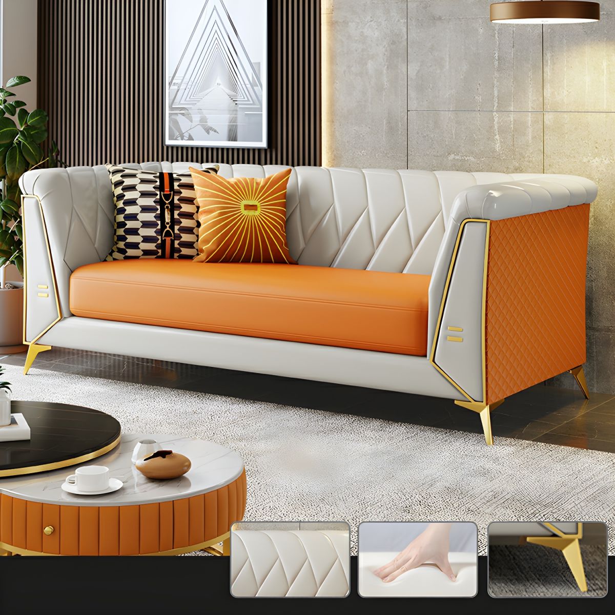 Glam Faux Leather Standard Sofa with Tuxedo Arms in Solid Color
