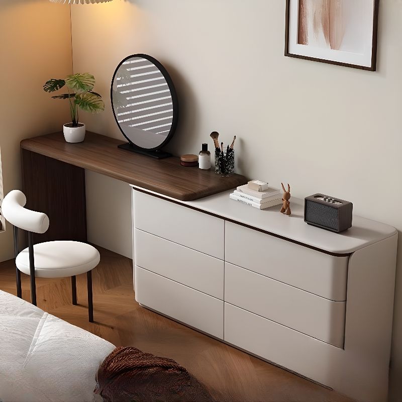 Modish Large Makeup Vanity with Laminate Table Top, 6 Drawers, and No Suspension